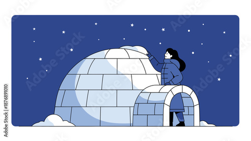 Igloo Construction Under The Starry Sky A Woman Builds Her Winter Home
