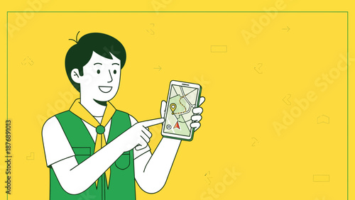 Happy Young Boy Scout Using Navigation App On Smartphone For Outdoor Adventures