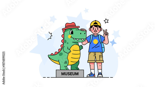 Happy Young Boy With Dinosaur Statue In Museum Cartoon Illustration