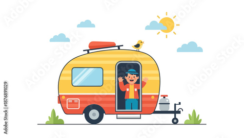 Happy Young Boy Waving From A Colorful Vacation Caravan Trailer On A Sunny Day