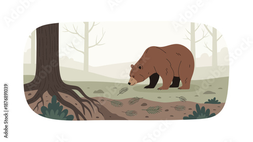 Illustrated Brown Bear Foraging in Forest Wilderness During Autumn Season