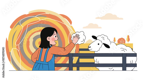 Happy Young Girl Interacting With Sheep On Farm With Barn Background