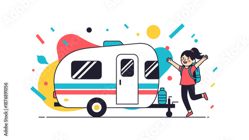 Happy Young Girl Ready For Adventure With Her Recreational Camper Trailer