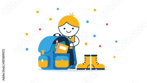 Happy Young Student Preparing Backpack For School Animated Cartoon Illustration