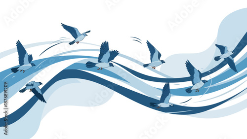 Illustration Of Freedom Birds Flying Over Blue Waves Abstract Design