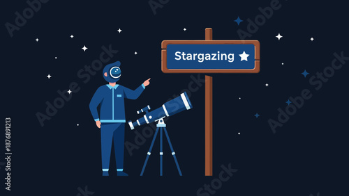 Illustration Of Astronomer With Telescope Ready To Discover Cosmic Wonders