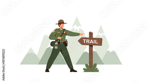 Helpful Park Ranger Guiding Hikers On A Mountain Trail Adventure