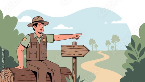 Helpful Park Ranger Guiding Visitors On Scenic Path In Natural Environment