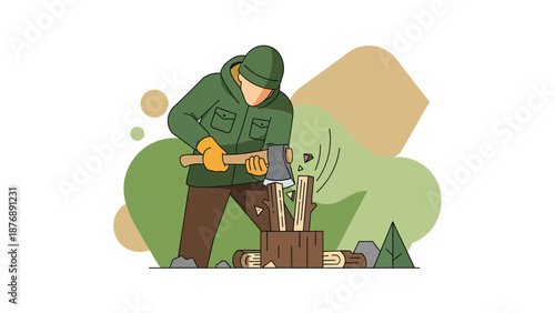 Illustration Of Lumberjack Chopping Wood With An Axe In The Outdoors Forest
