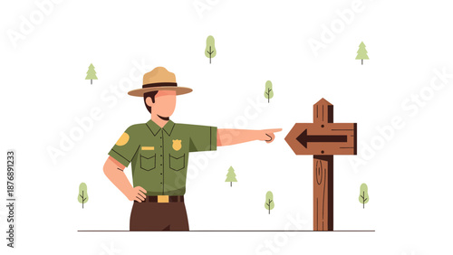 Helpful Ranger Directing Travelers With Wooden Sign In Peaceful Nature Setting