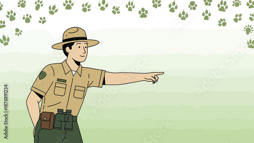 Helpful Park Ranger Pointing Direction Amidst Animal Paw Prints Illustration