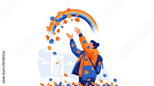 Illustration Of Person Enjoying Fall With Rainbow And Waterfall In Background