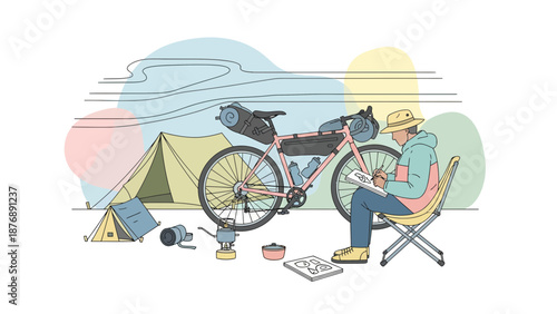Illustration Of Person Drawing At Campsite With Bicycle Touring Equipment And Tent
