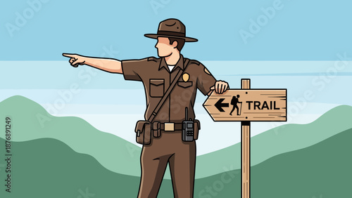 Helpful Ranger Pointing The Way To The Hiking Trail Adventure