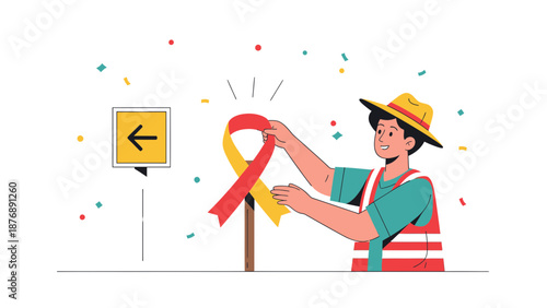 Illustration Of World Humanitarian Day Man with Yellow and Red Ribbon Symbol