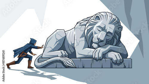 Hero Awakening A Stone Lion Cartoon Concept For Mythical Adventure Scenes