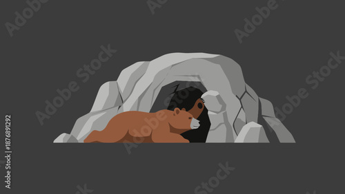 Hibernating Bear Resting In Rock Cave During Winter Season Flat Design