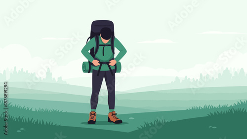 Hiker Adjusting Gear In Scenic Landscape For Adventure And Active Lifestyle