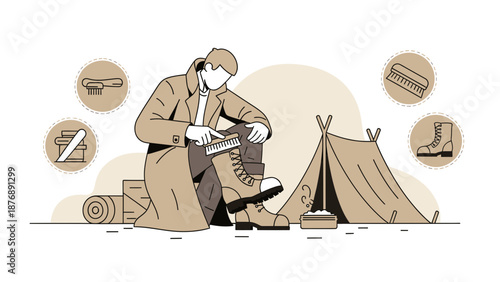 Illustration Showing a Man Cleaning his Boots While Camping in the Wilderness