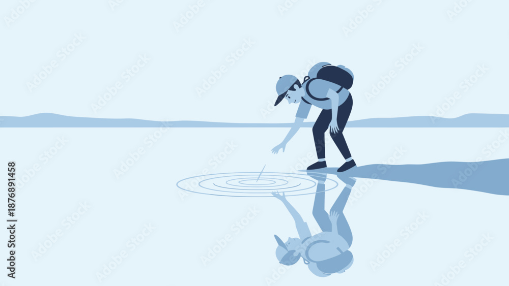 Naklejka premium Hiker Interacting With Water Surface Creating Ripples Of Exploration