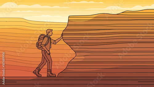 Hiker Exploring Geological Formation Under Yellowish Sky In Minimalist Style