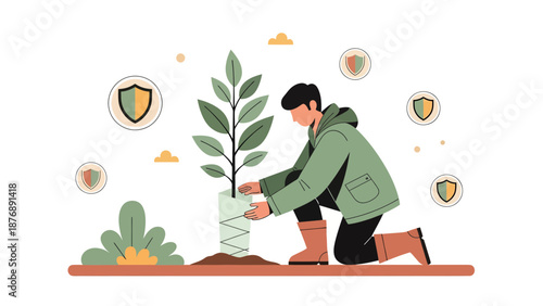 Illustrative Man Planting a Tree Sapling Symbolizing Environmental Protection and Conservation