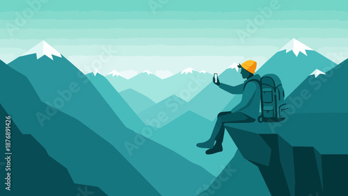 Hiker Enjoying Mountain Views While Capturing A Selfie On A Smartphone