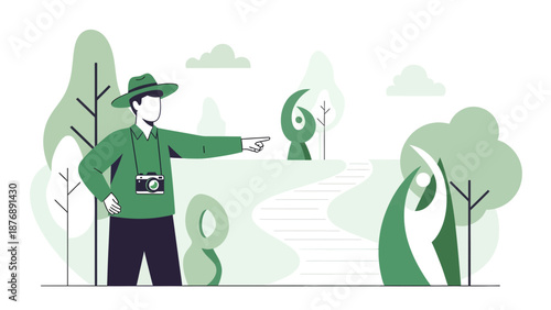 Illustrative Man Explaining Nature Outdoors with Camera and Green Scenery