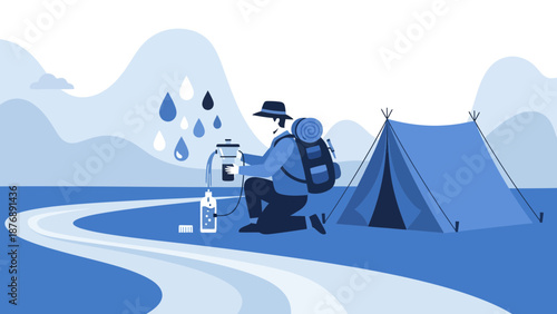 Hiker Filters Water Near His Tent In Nature Landscape Vector Illustration