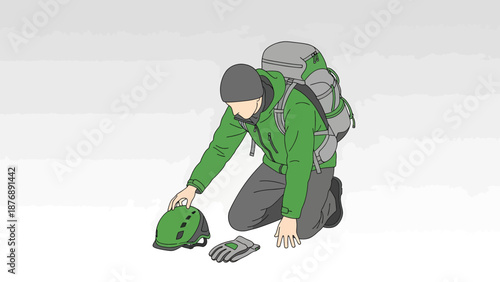 Hiker Getting Ready for Ascent Prepares Gear for Mountain Climbing Adventure