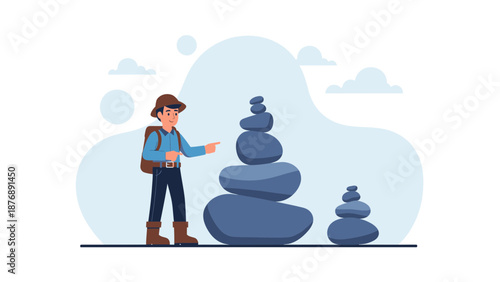 Hiker Finds Zen Stone Cairns On Serene Mountainous Hiking Trail Cartoon Art
