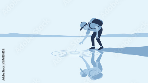 Hiker Interacting With Water Surface Creating Ripples Of Exploration