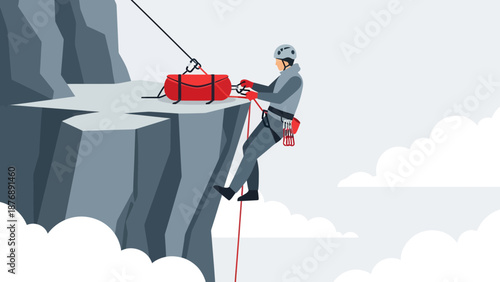 Illustrative Rock Climber Descending With A Red Gear Bag On A Cliffside Edge