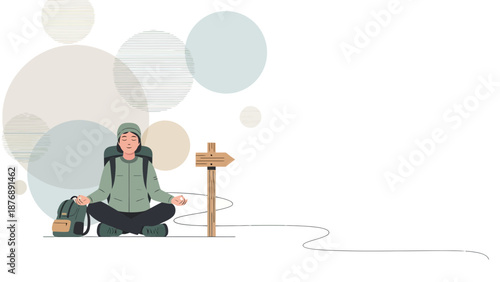 Hiker Meditating By Direction Sign Taking Break Peaceful Nature Background