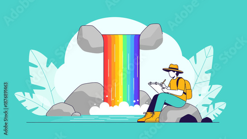 Illustrative Scene Of Artist At Rainbow Waterfalls With Backpack In The Outdoors