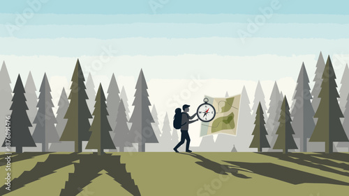 Hiker Navigating Through Forest Using Compass And Topographic Map For Orientation