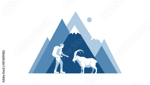 Hiker Interacting With Mountain Goat Against Geometric Mountain Backdrop Vector Illustration