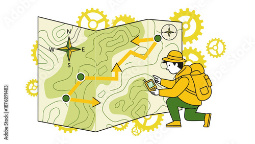 Hiker Navigating Wilderness With Topographic Map And Modern Gps Technology