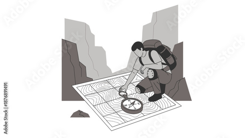 Hiker Navigating Wilderness Adventure With Topographic Map And Compass Illustration
