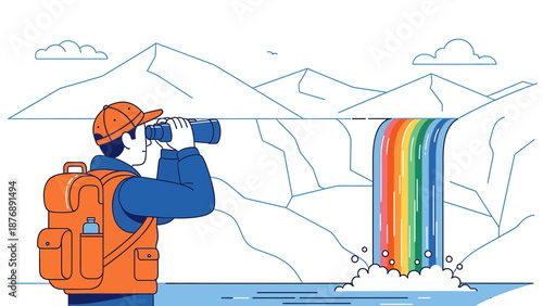 Hiker Observing A Colorful Waterfall Landscape Adventure Discovery Scenic Exploration