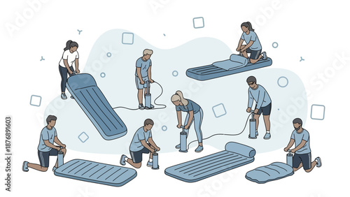 Inflatable Dreams People Preparing Air Mattresses For Camping And Recreational Activities