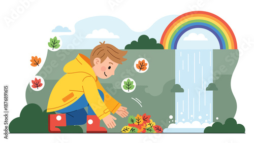 Joyful Boy Collecting Autumn Leaves Near Waterfall with Rainbow Background