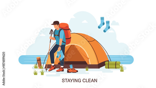 Hiker Resting Beside Tent Cleans Socks On Outdoor Adventure Trip