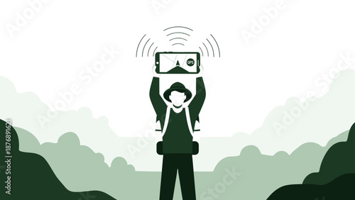 Hiker Seeking Gps Signal On Mobile Phone In Mountain Landscape Concept