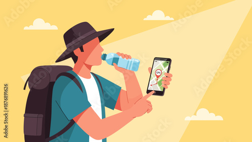 Hiker Rests And Checks Directions On Mobile App During Sunny Day