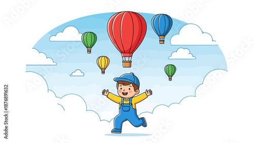 Joyful Boy Reaching Towards Colorful Hot Air Balloons Amidst Fluffy Clouds