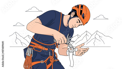 Injured Climber Applies First Aid On Mountain Expedition With Safety Equipment