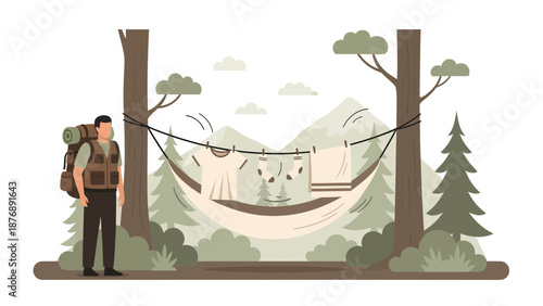 Hiker Resting Near Hammock With Clothes Line In Woodland On Summer Day