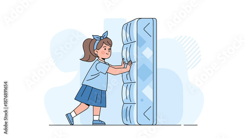 Little Girl Pushing a Large Object With Determination and Effort Cartoon