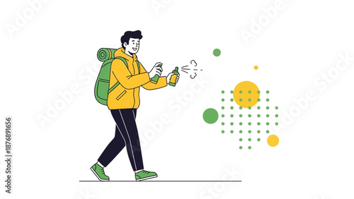 Hiker Sprays Repellent To Protect Against Insects During Outdoor Adventure